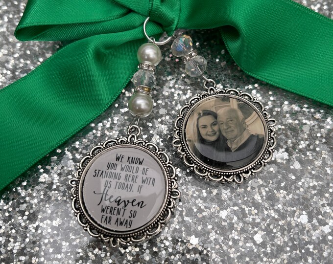 Memory memorial remembrance heaven charm bridal bouquet heaven so far away,poem & photo pearl beads something blue. military army,keepsake