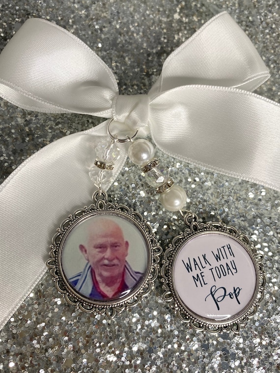 Memory memorial heaven charm bridal bouquet, walk with me today dad mum mom pops poem & photo pearl beads something blue.Swarovski.bride.