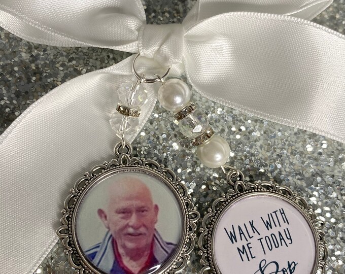 Memory memorial heaven charm bridal bouquet, walk with me today dad mum mom pops poem & photo pearl beads something blue.Swarovski.bride.