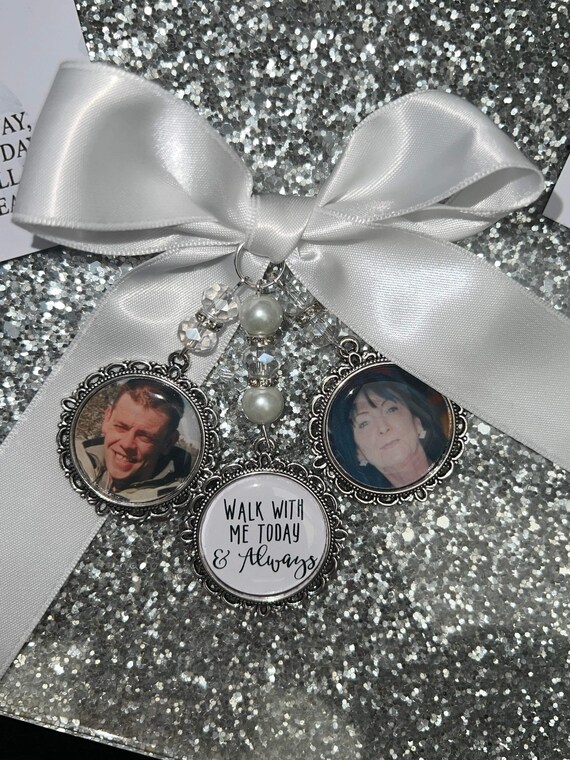 Memory memorial bridal bouquet heaven charm, walk with me today & always poem and photo pearl beads something blue. bride wedding