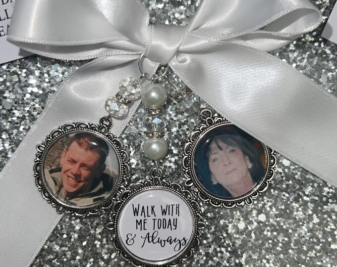 Memory memorial bridal bouquet heaven charm, walk with me today & always poem and photo pearl beads something blue. bride wedding