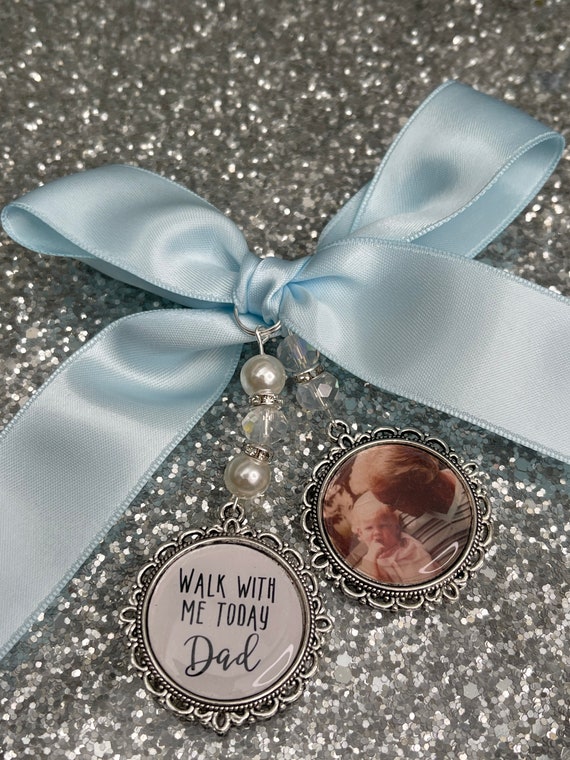 Memory memorial heaven charm bridal bouquet, walk with me today dad mum poem & photo pearl beads something blue.Swarovski.bride.wedding