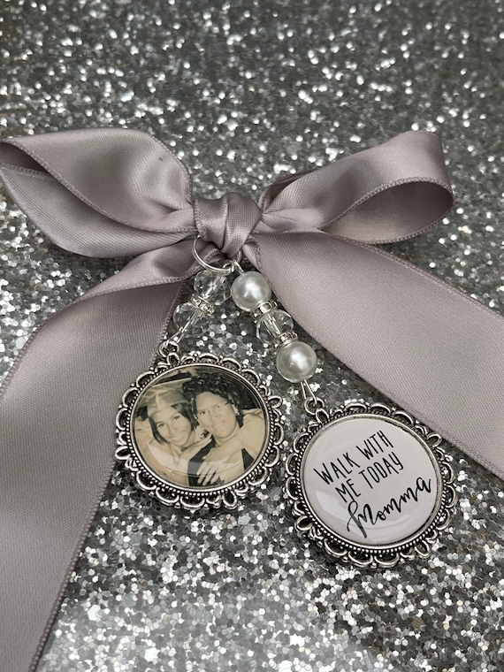 Memory memorial heaven charm bridal bouquet, walk with me today dad mum mom papa poem & photo pearl beads something blue.Swarovski.bride.