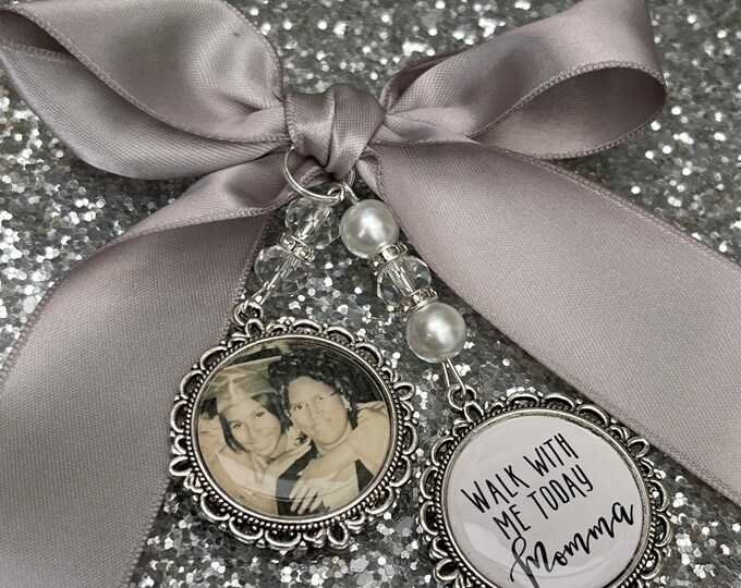 Memory memorial heaven charm bridal bouquet, walk with me today dad mum mom papa poem & photo pearl beads something blue.Swarovski.bride.