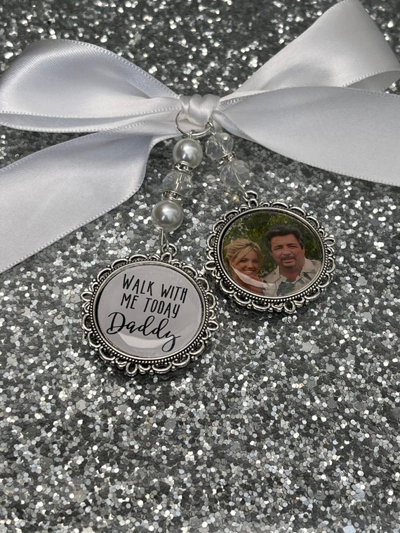 Memory memorial heaven charm bridal bouquet, walk with me today dad mum poem & photo pearl beads something blue.Swarovski.bride.wedding