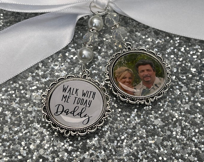 Memory memorial heaven charm bridal bouquet, walk with me today dad mum poem & photo pearl beads something blue.Swarovski.bride.wedding
