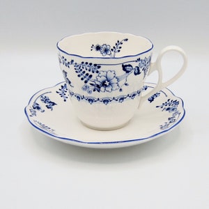 Noritake-Fair Wind 9422-Made in Japan-Cup and Saucer-Fine Porcelain-Discontinued-Blue Flowers-Blue Trim-About 30 Years Old