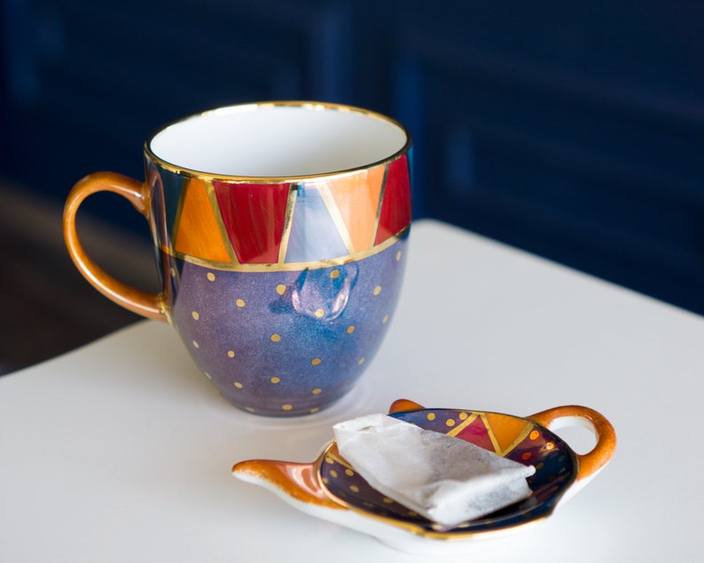 Hand Painted Porcelain Tea Bag Holder. Blue Teapot Shaped Geometrically