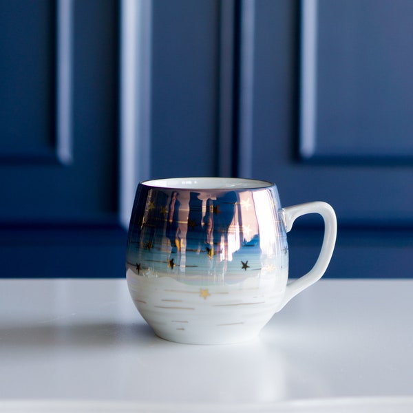 Hand painted blue and white starry porcelain tea cup. Scandinavian style personalized big mug for elegant tea lover.