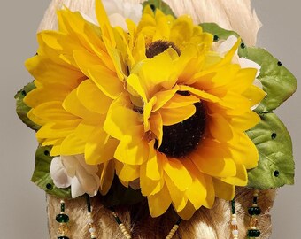 Sunflower Hair Clip, Beads, Agate Stones, Hair Decoration, Photography, Parade, Drag Queen, Wedding, Bridal, Quinceañera, Special Occasion