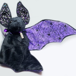 Large Bat Plush Stuffed Animal BeeZeeArt Black and Purple Spider Web Halloween 16in Wingspan