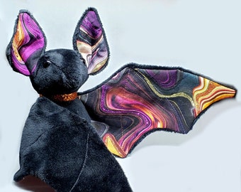 Large Bat Plush Stuffed Animal BeeZeeArt "Dark Mable" Paint Swirl Unusual 16in Wingspan