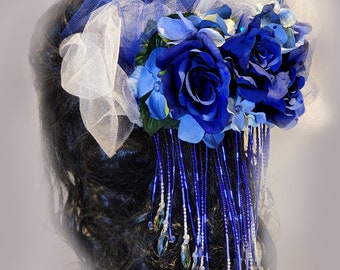 Blue Rose Hair Clip, Layers of Beads, Hair Decoration, Photography, Parade, Drag Queen, Wedding, Bridal, Quinceañera, Special Occasion