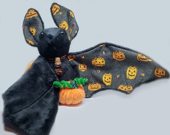 Large Bat Plush Stuffed Animal BeeZeeArt 'Mr O'Lantern'  Black and Orange Pumpkin Halloween Special 16in Wingspan