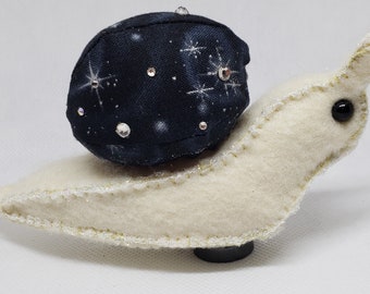 Snail Plushie Magnet Felt Cotton Rhinestones DelilahIris Woodland Creature Insect Bug Galaxy Pattern Stars