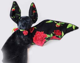 Large Bat Plush Stuffed Animal BeeZeeArt Black Red 'Rose' Halloween 16in Wingspan