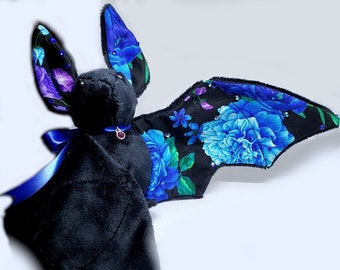 Large Bat Plush Stuffed Animal BeeZeeArt Black and Blue 'Flower Power' 16in Wingspan