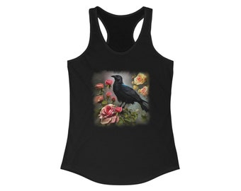 Black Crow with Roses Tank Top, Halloween, Dark, Spooky
