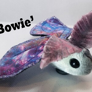 May include: A plush toy shaped like a moth with a galaxy print on its wings. The wings are purple, blue, and pink with silver glitter. The moth has a gray and white furry body with black eyes. The toy is labeled "'Bowie'".