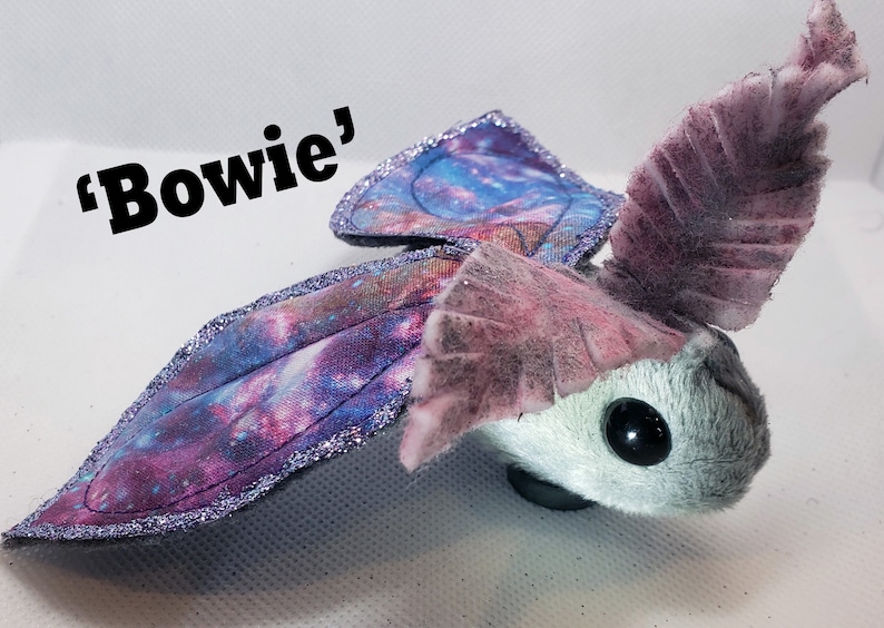 May include: A plush toy shaped like a moth with a galaxy print on its wings. The wings are purple, blue, and pink with silver glitter. The moth has a gray and white furry body with black eyes. The toy is labeled "'Bowie'".