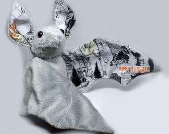 Large Bat Plush Stuffed Animal BeeZeeArt "Haunted" Gray Haunted House Halloween 16in Wingspan