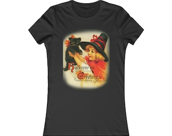 Halloween Tshirt Witch Girl and Black Cat Vintage Postcard 1900's