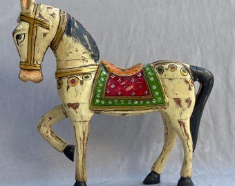 Handcrafted Wooden Horse Figurine – Painted Indian Folk Art Decor, 18-Inch