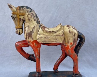 Hand-Painted Rustic Wooden Horse – Traditional Indian Boho Decor