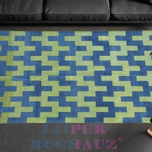 Modern Handmade Cotton Area Rug. Indian Dhurrie Rug Reversible Green Blue Geometric Natural Vegetable Dyed Eco Friendly Rugs Wall Tapestry