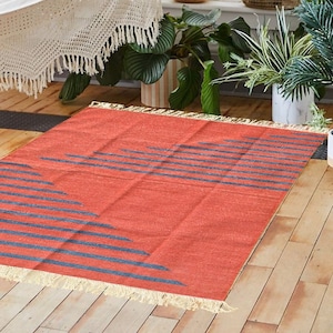 4x6 wool Modern Handmade Area Rug Indian Dhurrie Rug Reversible Indigo Stripes Natural Vegetable Dyed Eco Friendly Rugs Wall Tapestry