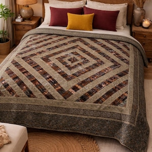 Vintage Patchwork Bedspread: Metallic Brown Quilted Cotton Throw, Geometric Diamond Pattern