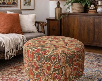 Otomana Kilim de estilo vintage: reposapiés con patas de madera, decoración rústica bohemia para el hogar