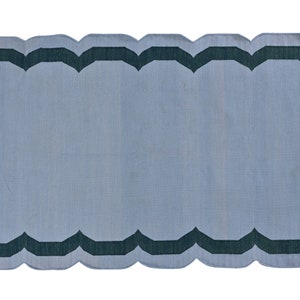 Modern Handmade Cotton/Wool Area Rug Scalloped Blue Green Indian Dhurrie Rug Reversible Kilim Natural Dyed Eco Friendly Rugs Wall Tapestry