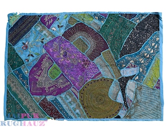 60 HUGE INDIAN HEAVILY BEADED ART DÉCOR VINTAGE SARI ZARI WALL HANGING TAPESTRY