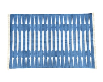 Modern Handmade Cotton Area Rug. Indian Dhurrie Rug Reversible Deep Indigo Natural Vegetable Dyed Eco Friendly Rugs Wall Tapestry