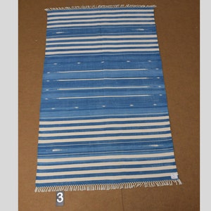 4x6 Indigo Blue and White stripes Modern Handmade Cotton Area Rug  Indian Dhurrie Rug | Flatweave Rug Tapestry Scandinavian Kilim