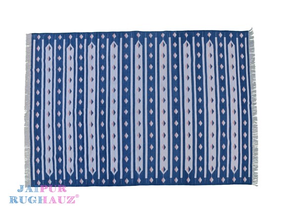 Handmade Cotton Wool Rug: Blue Blush Striped Dhurrie Kilim