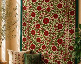 Vintage Suzani Embroidery Wall Hanging: Suzani Muted Floral Silk Textile Art 48x71 Inches