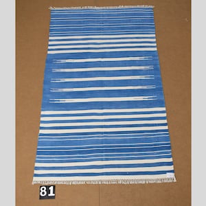 4x6 Indigo Blue and White stripes Modern Handmade Cotton Area Rug  Indian Dhurrie Rug | Flatweave Rug Tapestry Scandinavian Kilim