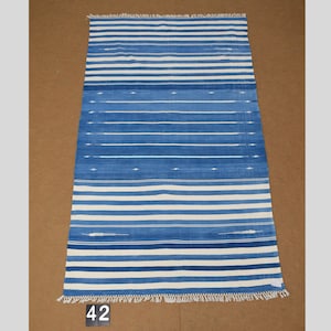 4x6 Indigo Blue and White stripes Modern Handmade Cotton Area Rug  Indian Dhurrie Rug | Flatweave Rug Tapestry Scandinavian Kilim