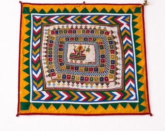 Vintage Indian Textile Wall Hanging, Handcrafted Pearl Beadwork Tapestry, Tribal Art