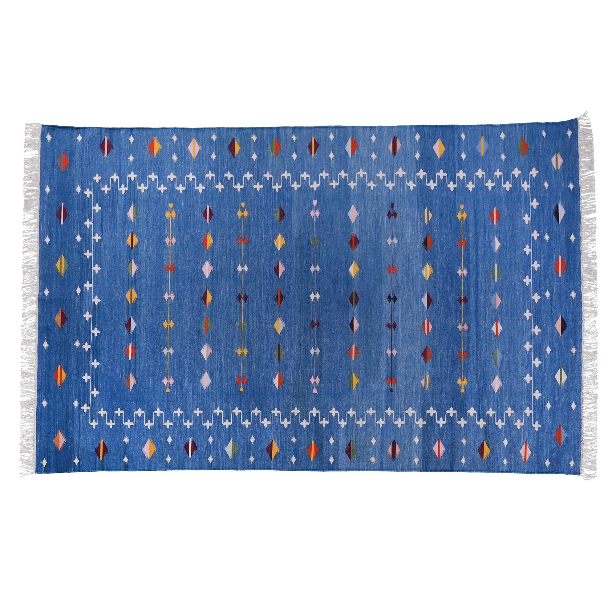Handmade Blue Dhurrie Rug: Indian Kilim, Cotton/Wool, Reversible