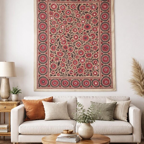 Vintage Suzani Embroidery Wall Hanging: Suzani Muted Floral Silk Textile Art
