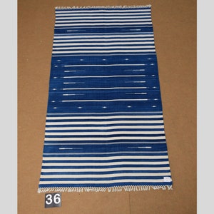 4x6 Indigo Blue and White stripes Modern Handmade Cotton Area Rug  Indian Dhurrie Rug | Flatweave Rug Tapestry Scandinavian Kilim