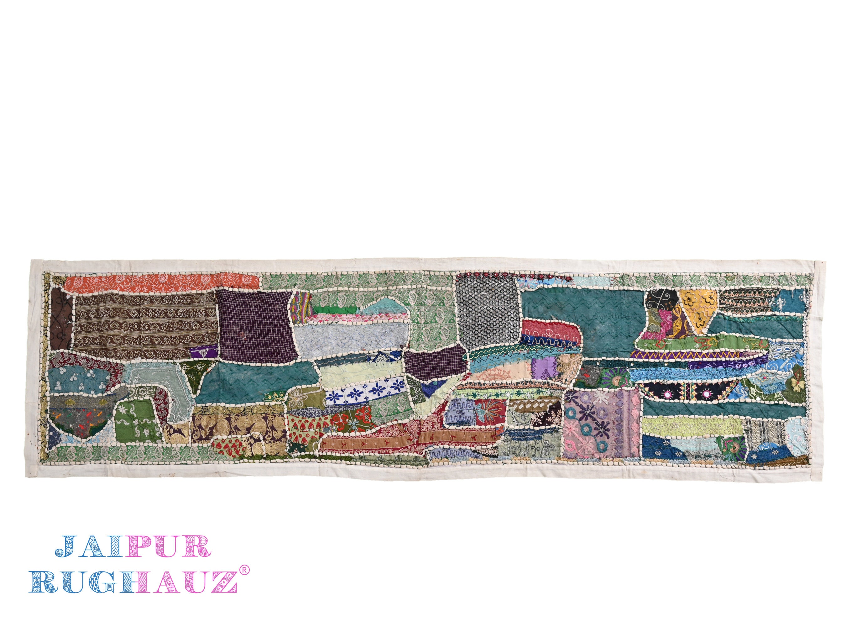 76x20 in Vintage Indian Gujrati Tapestry: 70-80 years old, hand-embroidered, floral design. Perfect for kids' and living room decor