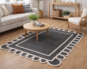 Handmade Scalloped Jute Rug: Black and White Braided Hallway Runner