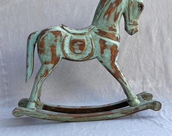Vintage Wooden Rocking Horse Decor – Hand-Painted Rustic Horse Figurine, Indian Folk Art Collectible