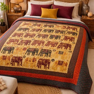 Vintage Elephant Cotton Bedspread – Handcrafted Applique Quilt, Boho Ethnic Decor