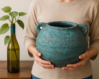 Handmade Paper Mâché Pot | Eco-Friendly Decorative Planter | Lightweight Vase | Rustic Boho Home Decor | Luxe Boho Decor
