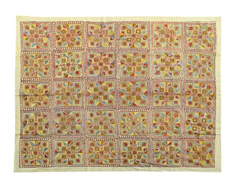 Vintage 1990s red green blue with beautiful glass work Christmas Tapestry hand embroidery patch work Bed Cover / Wall tapestry decor